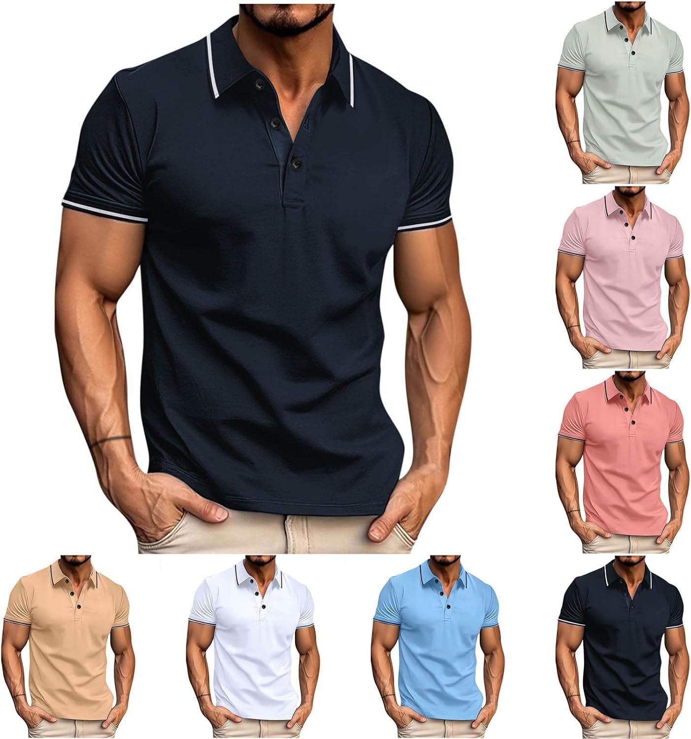 Men’s Business Casual Polo T-Shirt with Button Collar & Short Sleeves
